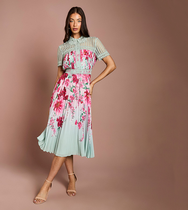Buy Coast Lisa Tan Printed Lace Pleated Midi Dress In Green | 6thStreet  Qatar