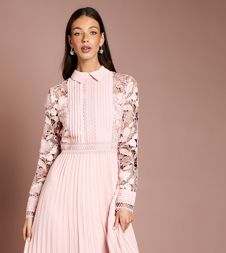 Lace and Pleated Long Sleeves Midi Shirt Dress