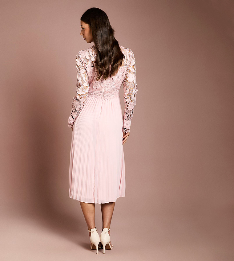 Lace and Pleated Long Sleeves Midi Shirt Dress