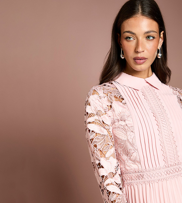 Lace and Pleated Long Sleeves Midi Shirt Dress