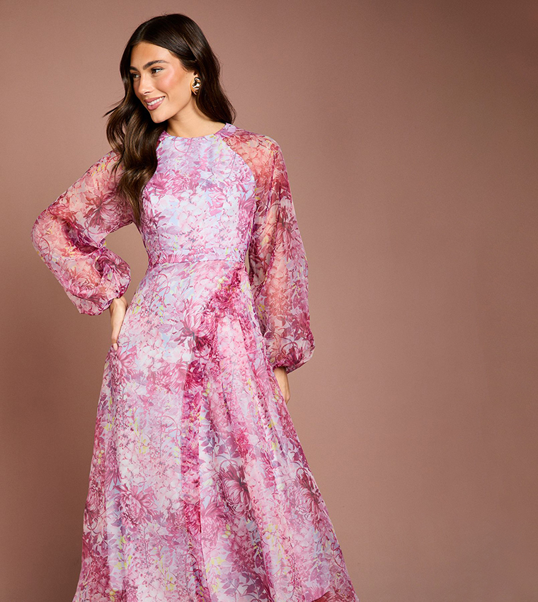 Organza Wrap Waist Puff Sleeves Midi Dress