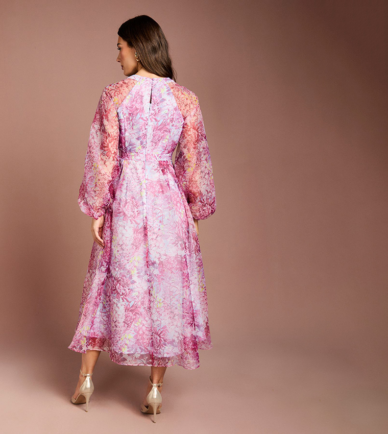 Organza Wrap Waist Puff Sleeves Midi Dress