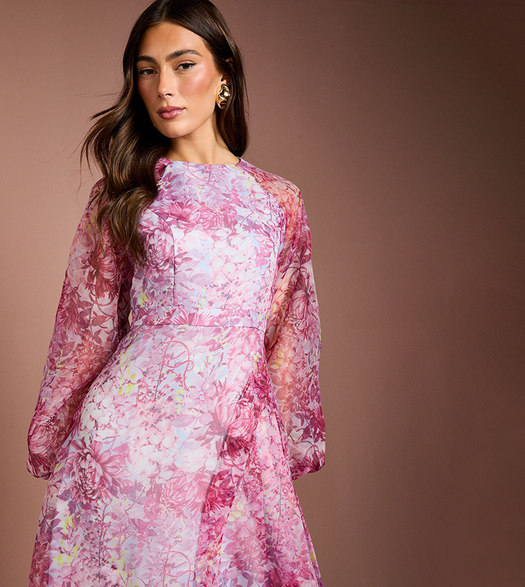 Organza Wrap Waist Puff Sleeves Midi Dress