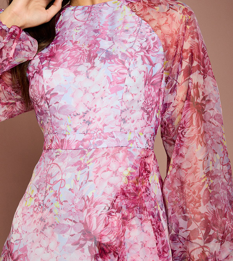 Organza Wrap Waist Puff Sleeves Midi Dress