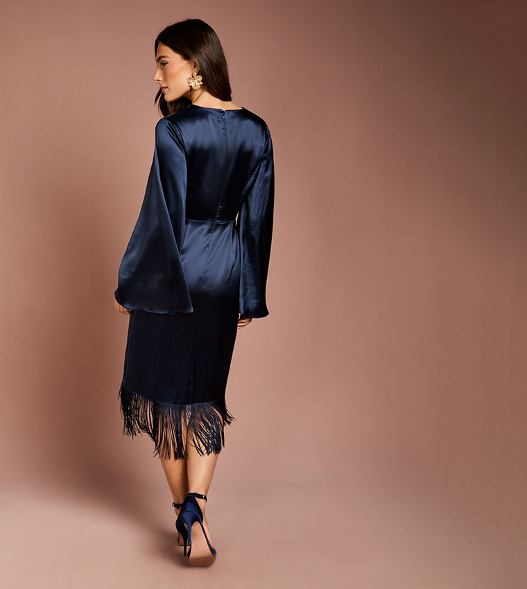 Satin Fringe Hem Wrap Waist Midi Dress