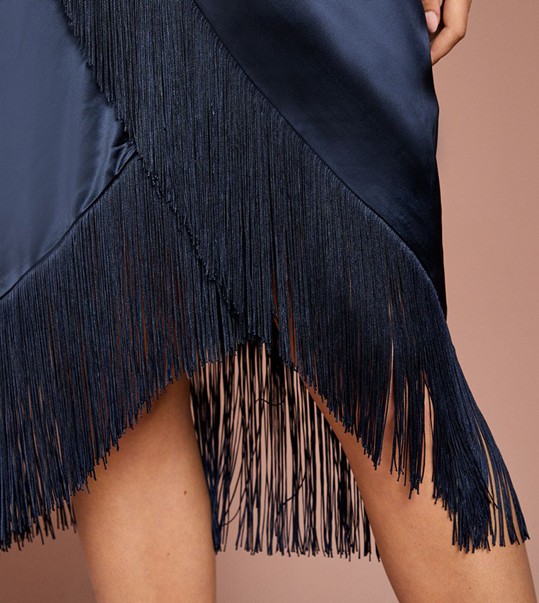 Satin Fringe Hem Wrap Waist Midi Dress