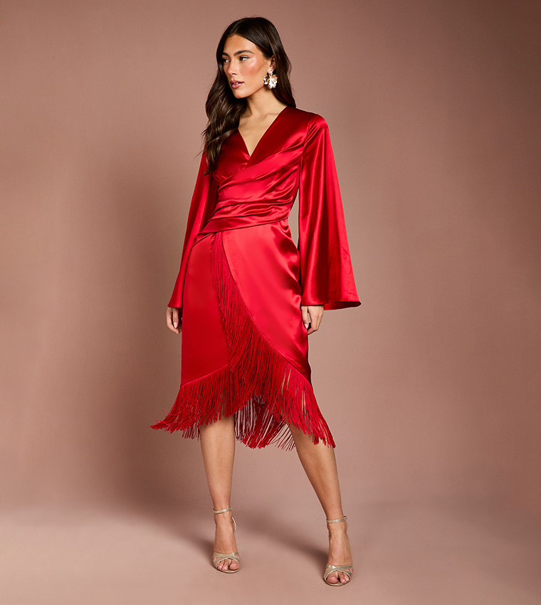 Buy Coast Satin Fringe Hem Wrap Waist Midi Dress In Red | 6thStreet Saudi Arabia Buy Coast Satin Fringe Hem Wrap Waist Midi Dress In Red | 6thStreet Saudi Arabia