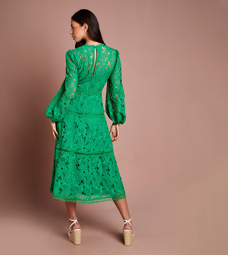 Buy Coast Lace Panelled Long Sleeves Midi Dress In Green | 6thStreet UAE Buy Coast Lace Panelled Long Sleeves Midi Dress In Green | 6thStreet UAE