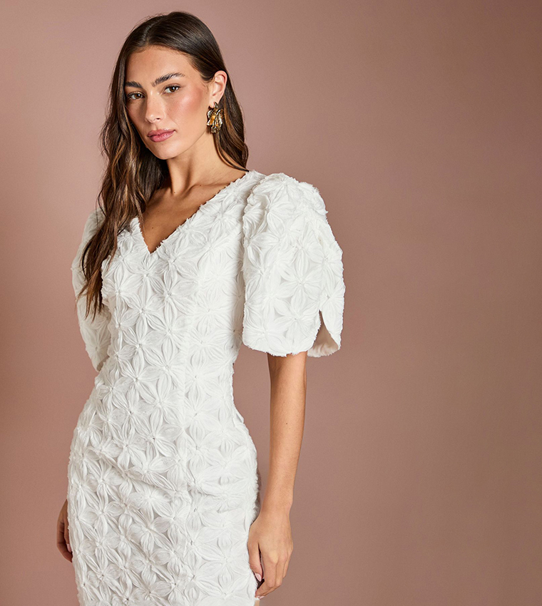 Floral Pleated Sleeves Pencil Dress