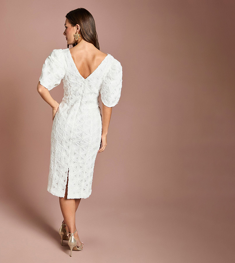 Floral Pleated Sleeves Pencil Dress