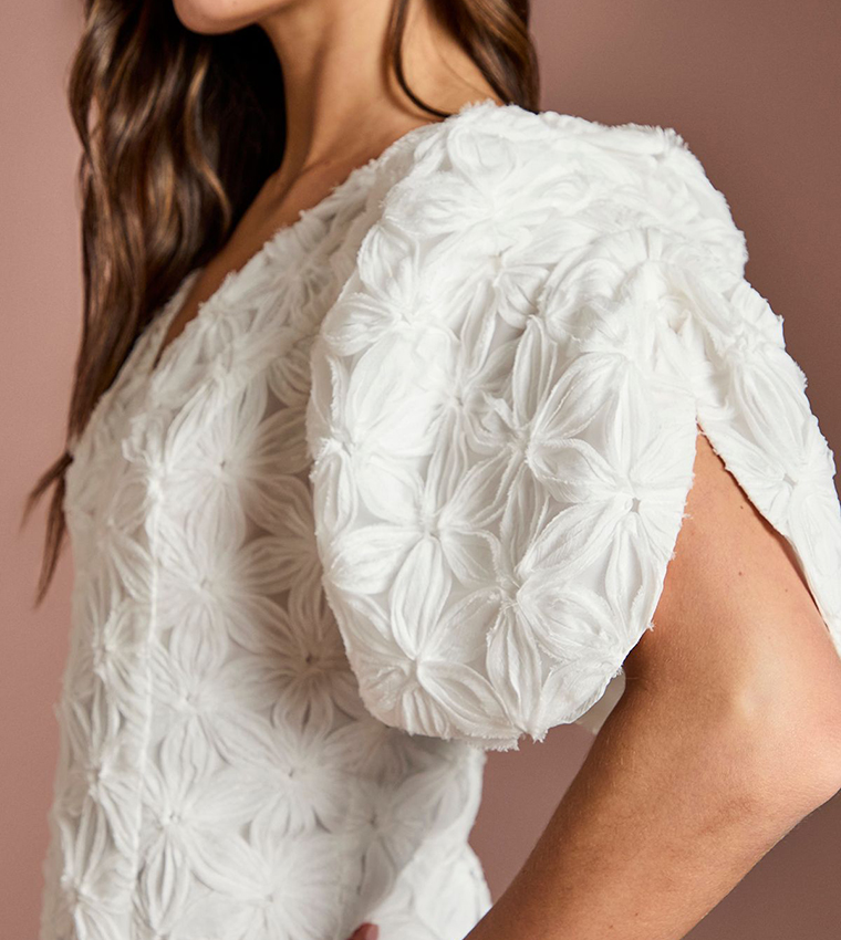 Floral Pleated Sleeves Pencil Dress