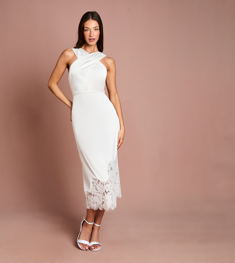 Lace Hem Cross Front Halterneck Satin Midi Dress