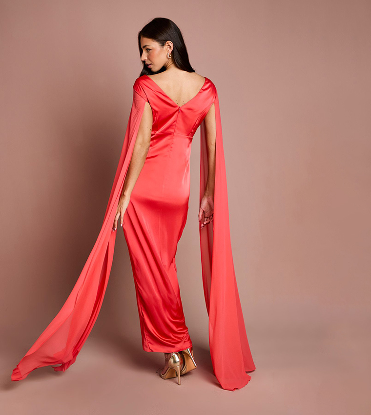 Satin Cape Sleeves Maxi Dress