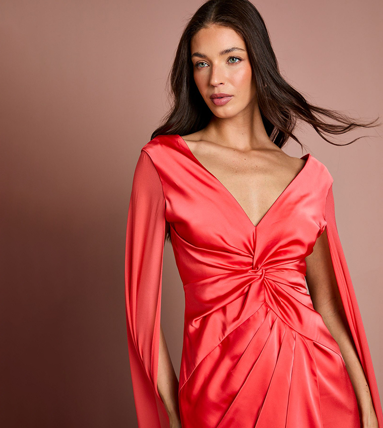 Satin Cape Sleeves Maxi Dress