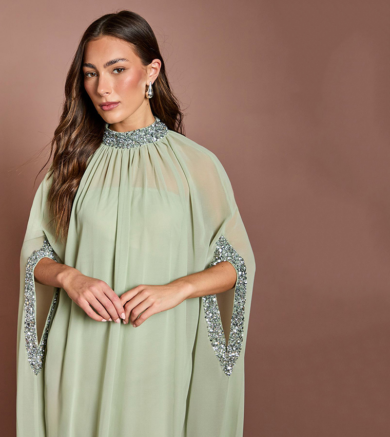 Chiffon Cape Style Sequin Maxi Dress