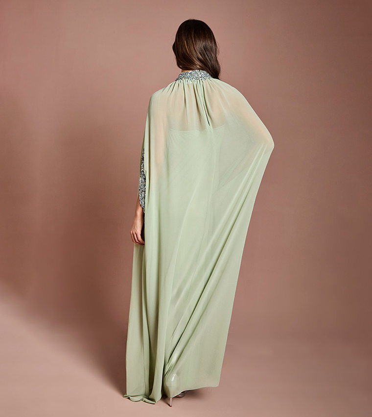 Chiffon Cape Style Sequin Maxi Dress