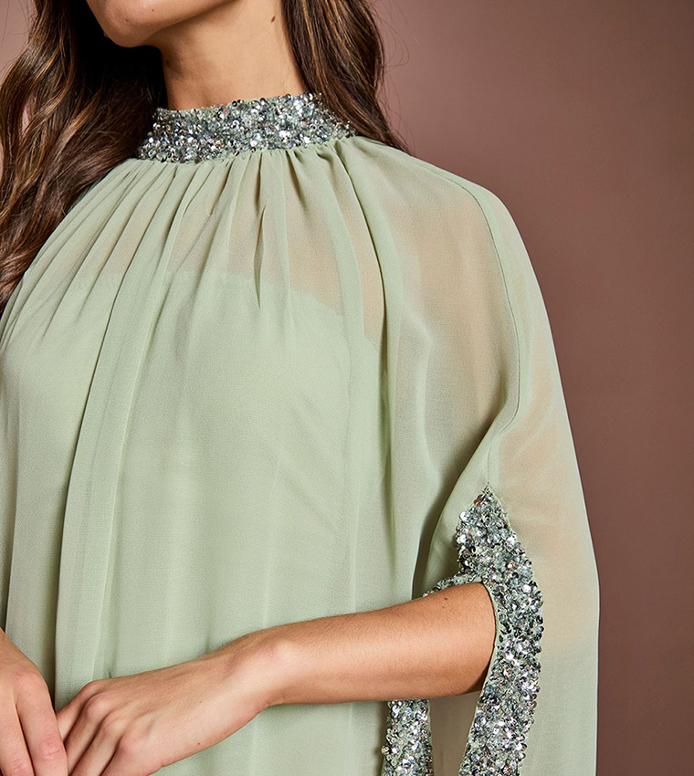 Chiffon Cape Style Sequin Maxi Dress