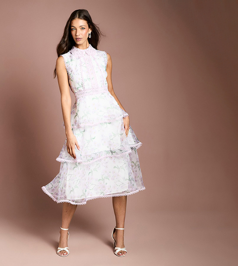 Floral Organza Lace Collar Tiered Midi Dress