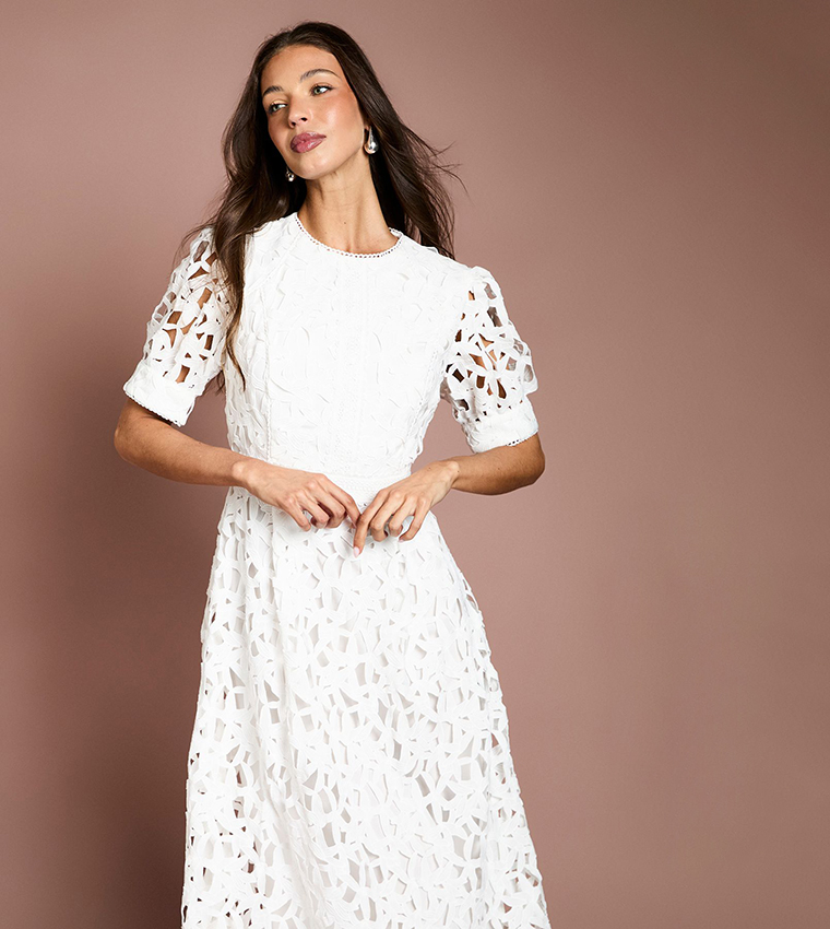 Short Sleeves Lace Midi Dress