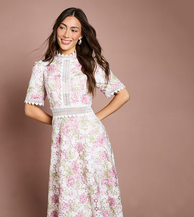 Printed Lace Short Sleeves Trim Detail Midi Dress