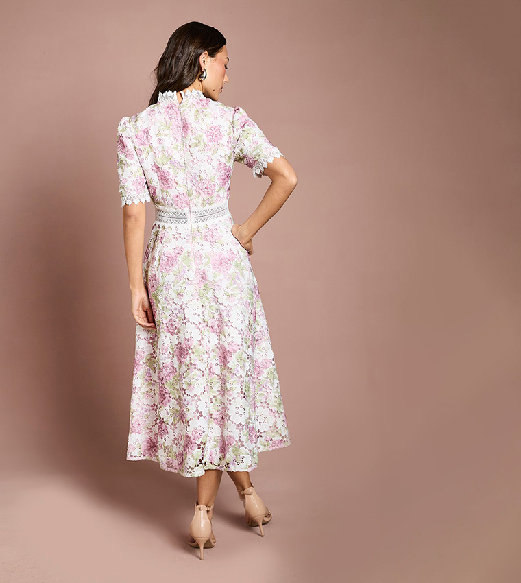 Printed Lace Short Sleeves Trim Detail Midi Dress