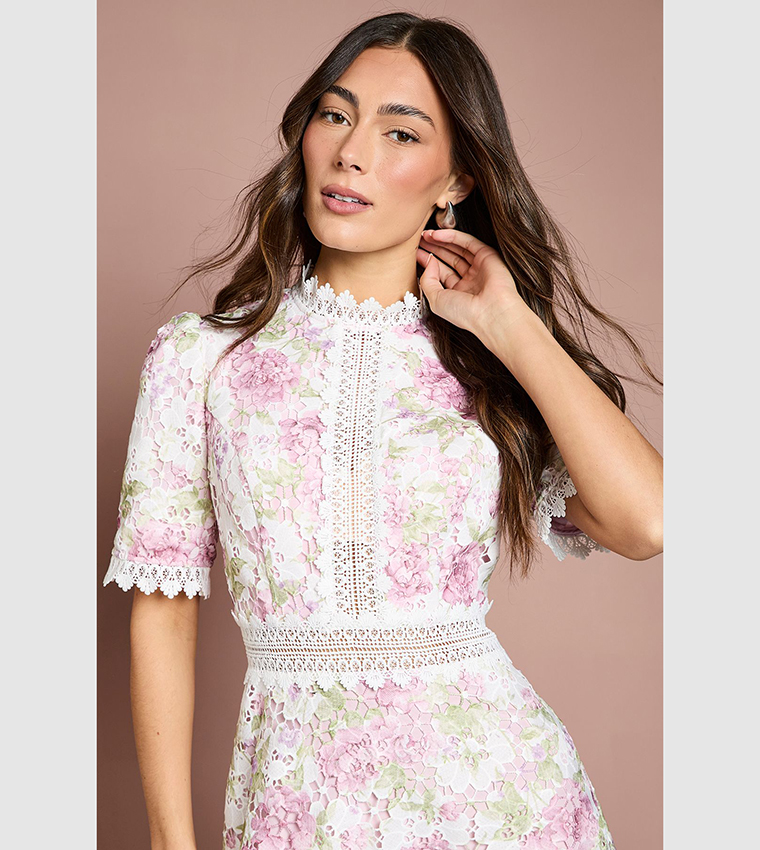 Printed Lace Short Sleeves Trim Detail Midi Dress