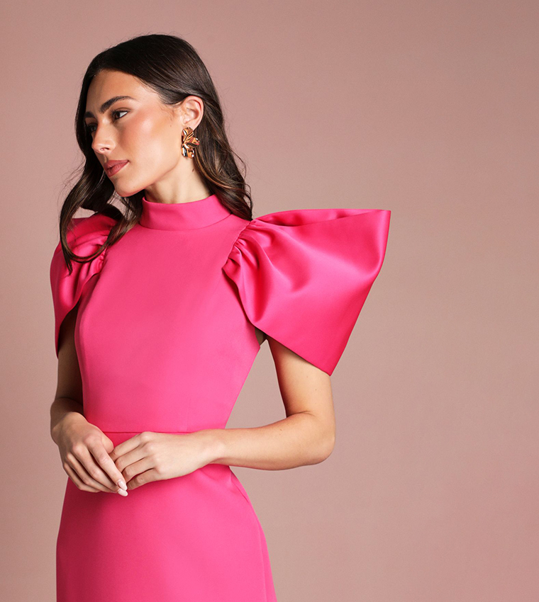 Muse Structured Satin Volume Sleeves Maxi Dress
