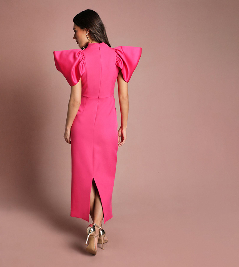 Muse Structured Satin Volume Sleeves Maxi Dress