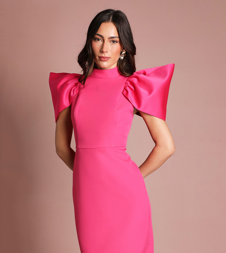 Muse Structured Satin Volume Sleeves Maxi Dress