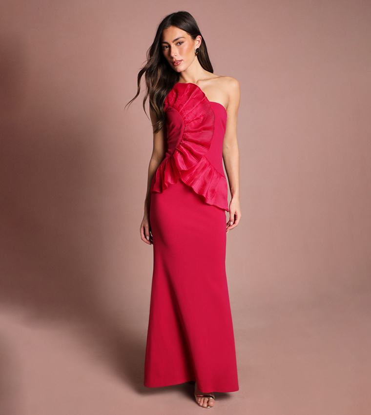 Pleated Front One Shoulder Maxi Dress