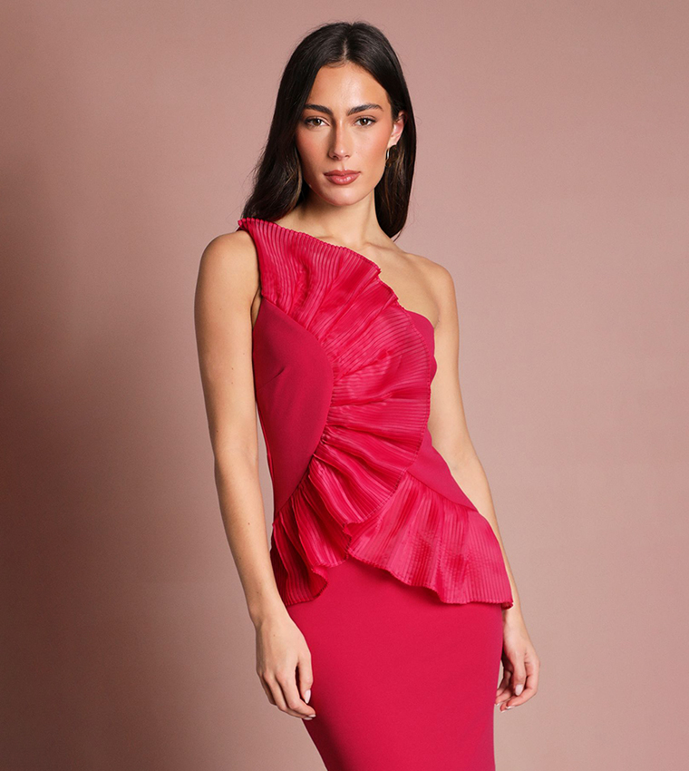 Pleated Front One Shoulder Maxi Dress