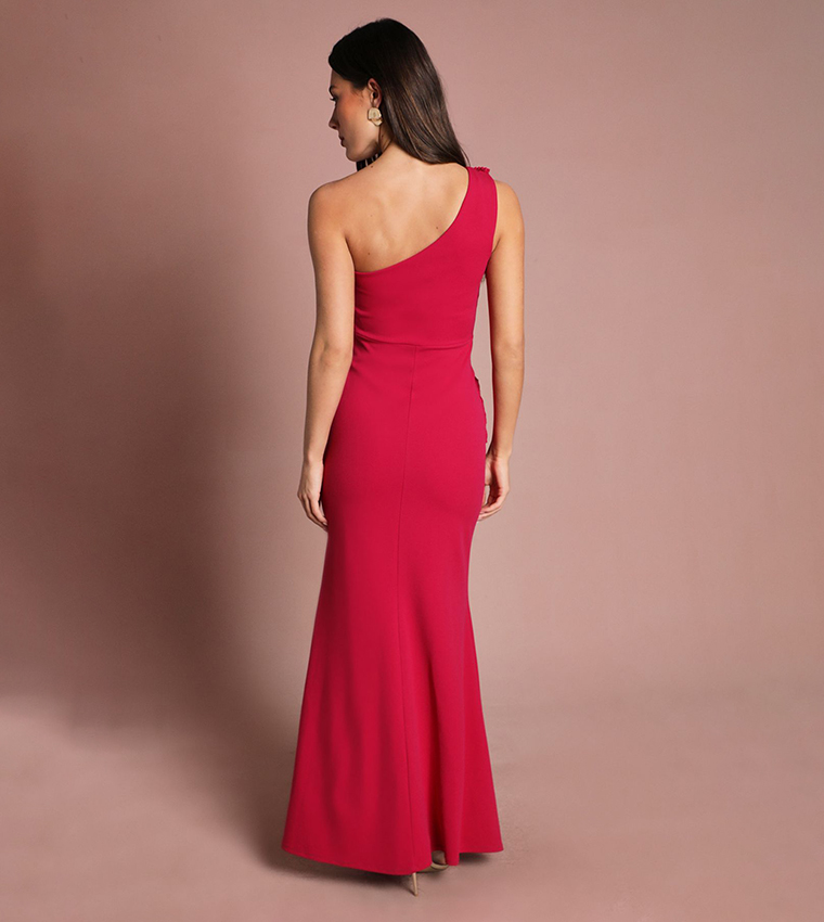 Pleated Front One Shoulder Maxi Dress