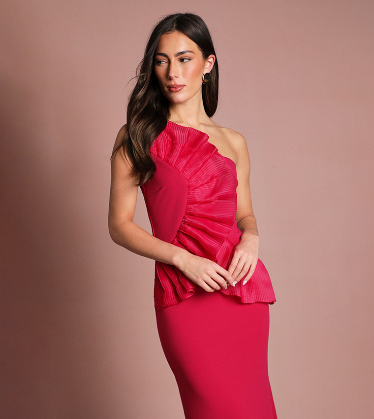 Pleated Front One Shoulder Maxi Dress
