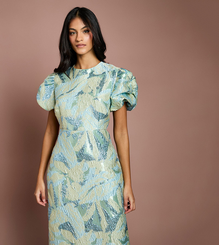 Petite Metallic Jacquard Puff Sleeves Pencil Midi Dress