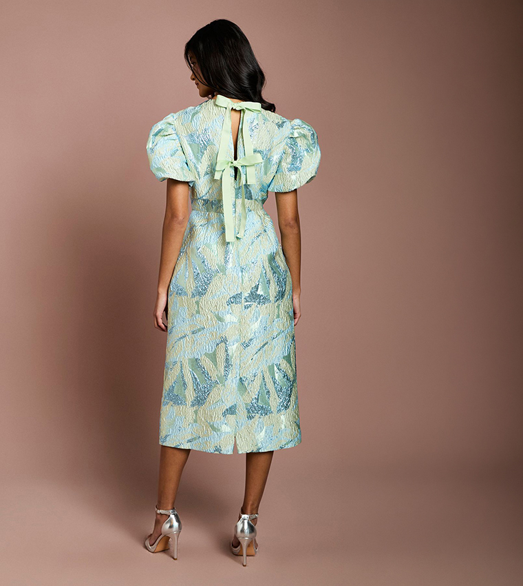 Petite Metallic Jacquard Puff Sleeves Pencil Midi Dress