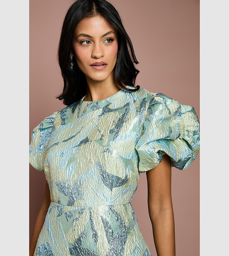 Petite Metallic Jacquard Puff Sleeves Pencil Midi Dress