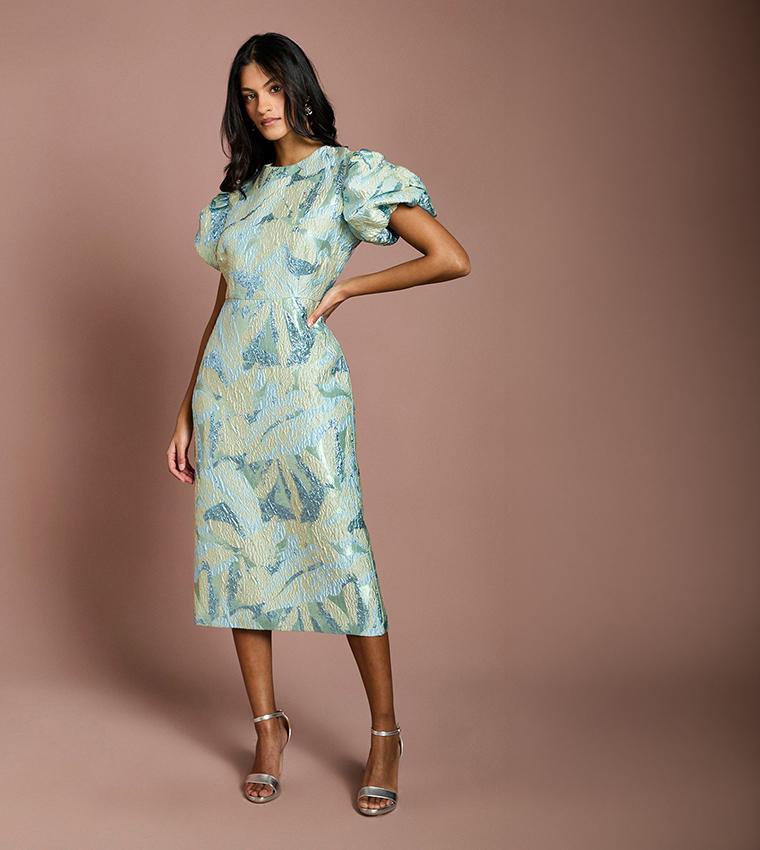 Petite Metallic Jacquard Puff Sleeves Pencil Midi Dress