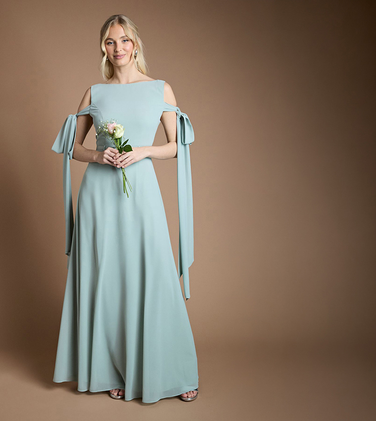 Bow Sleeves Chiffon Maxi Bridesmaid Dress