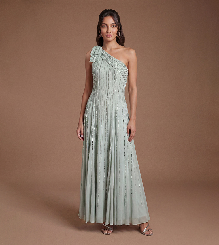 Bow One Shoulder Embellished Maxi Dress