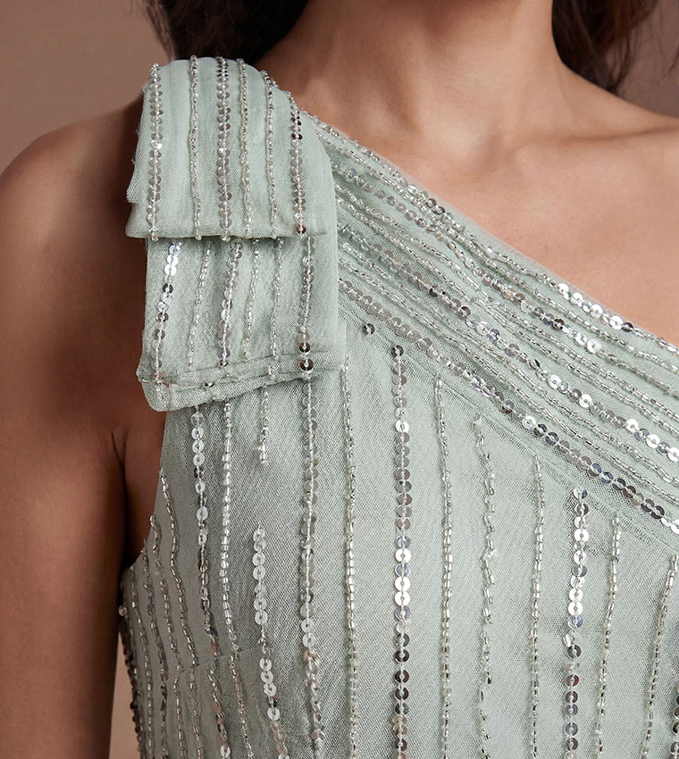 Bow One Shoulder Embellished Maxi Dress