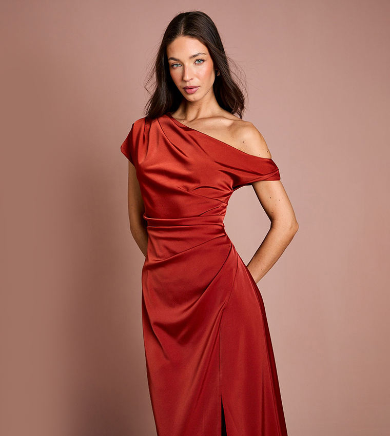 Off Shoulder Satin Side Tie Midi Dress
