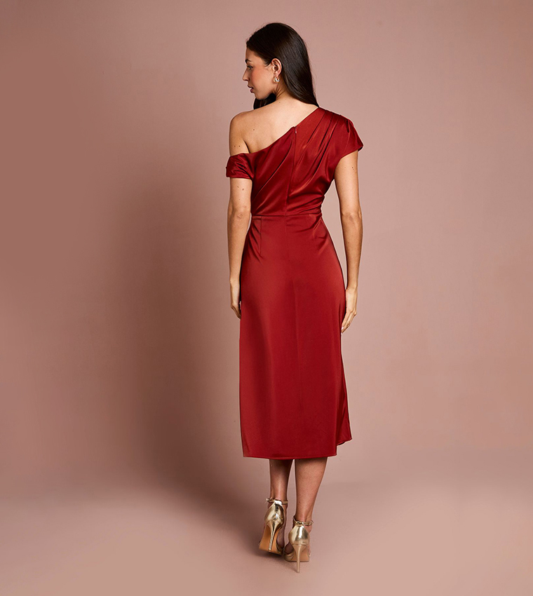 Off Shoulder Satin Side Tie Midi Dress