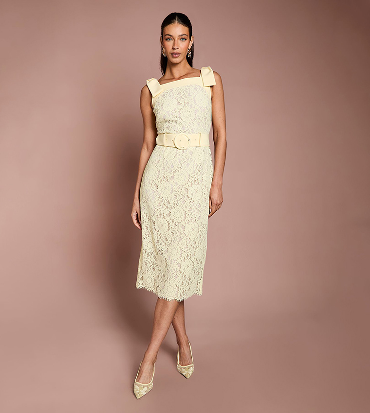 Buy Coast Bow Shoulder Belted Lace Midi Dress In Yellow