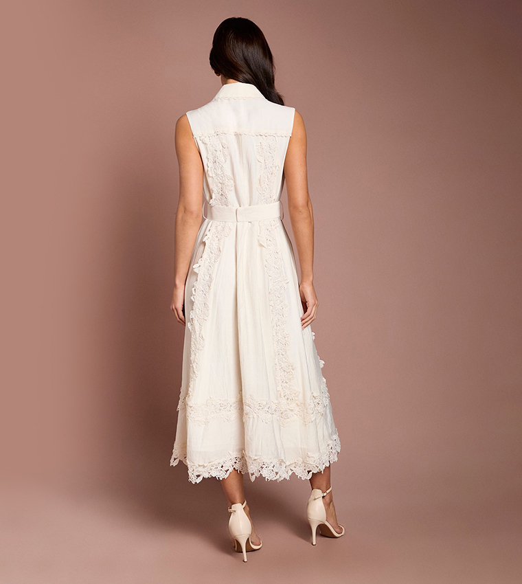 Lace Panelled Belted Sleeveless Midi Shirt Dress