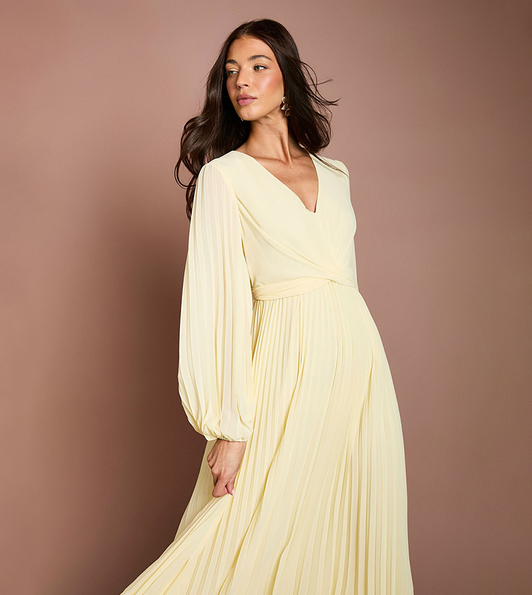 Pleated Wrap Front Maxi Dress