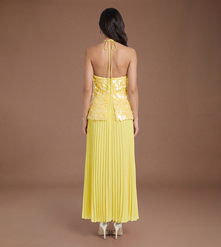 Halterneck Sequined Pleated Maxi Dress