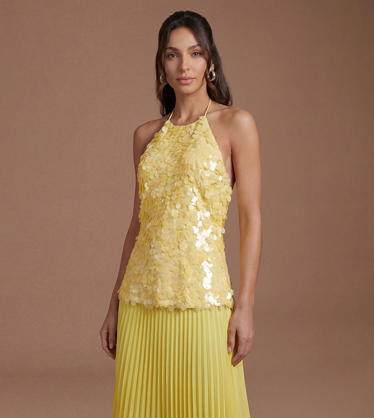 Halterneck Sequined Pleated Maxi Dress