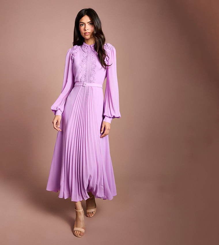 Lace Trim Collared Georgette Shirt Dress