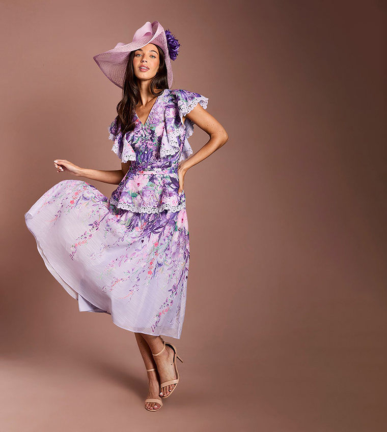 Lisa Tan V-Neck Ruffle Shoulder Midi Party Dress