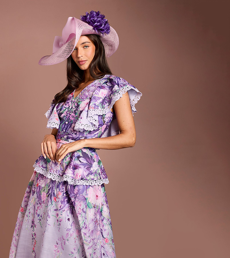 Lisa Tan V-Neck Ruffle Shoulder Midi Party Dress